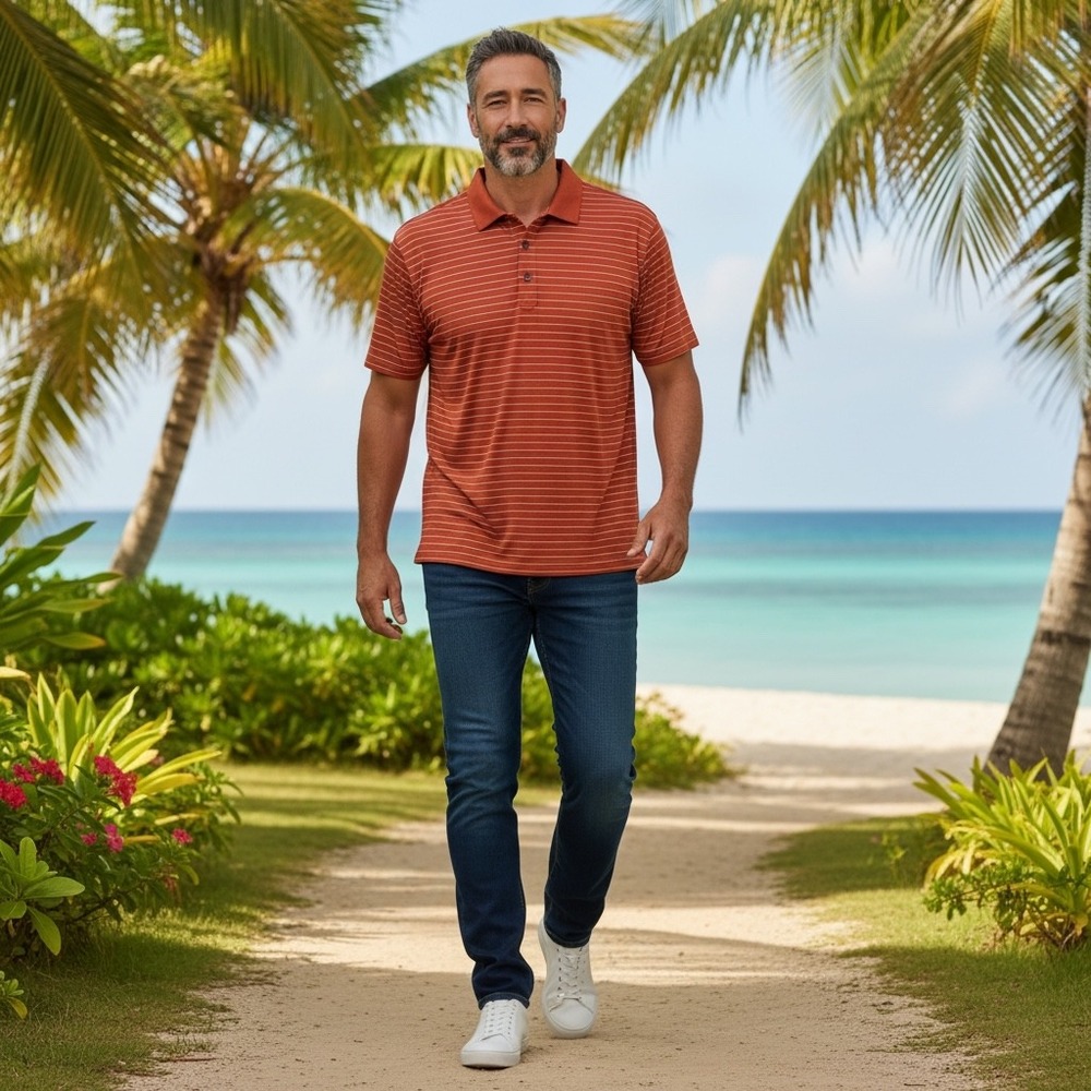 Tasc Performance Men's Orange Stripe Polo Shirt Short Sleeve Performance ‎ XL